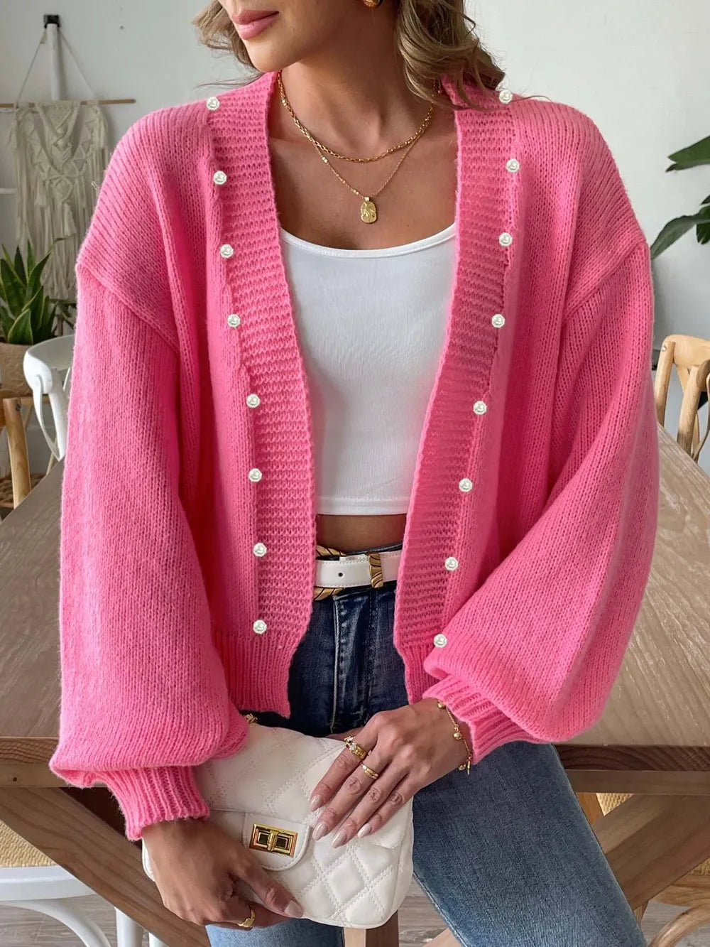 Pearl Open Front Long Sleeve Cardigan - cas7m