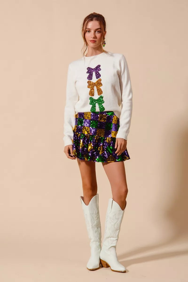 SO ME Mardi Gras Checker Sequins Mini Skirt - cas7m