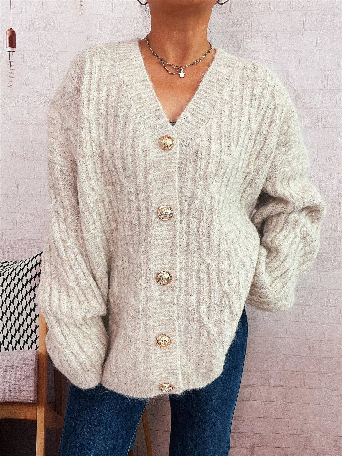 Cable Knit Button-Up Cardigan - cas7m