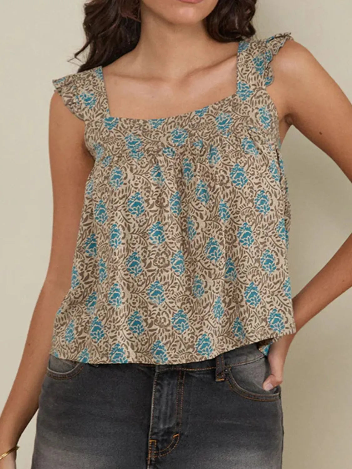 Ruffled Plaid Square Neck Tank - cas7m