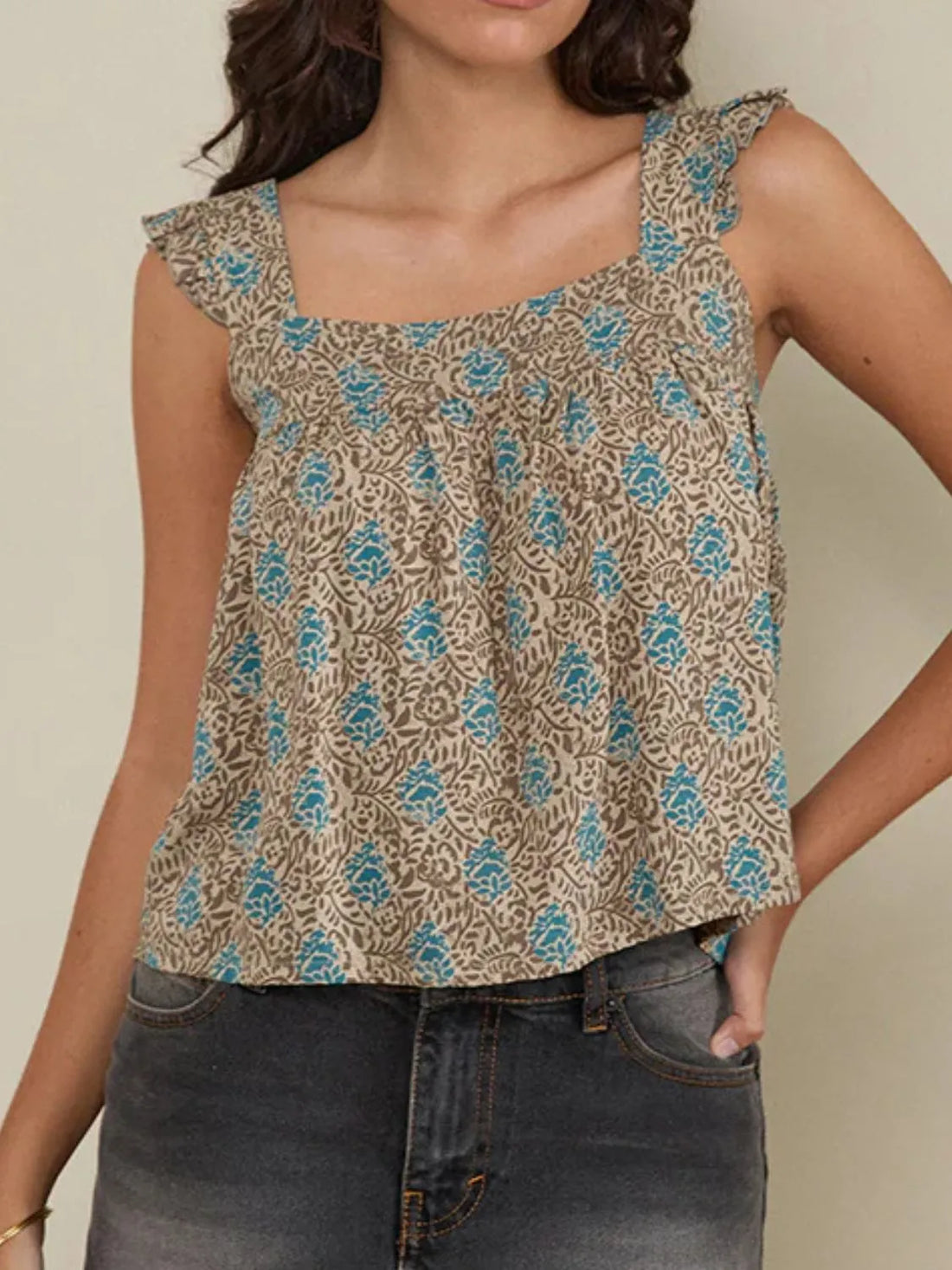 Ruffled Plaid Square Neck Tank - cas7m