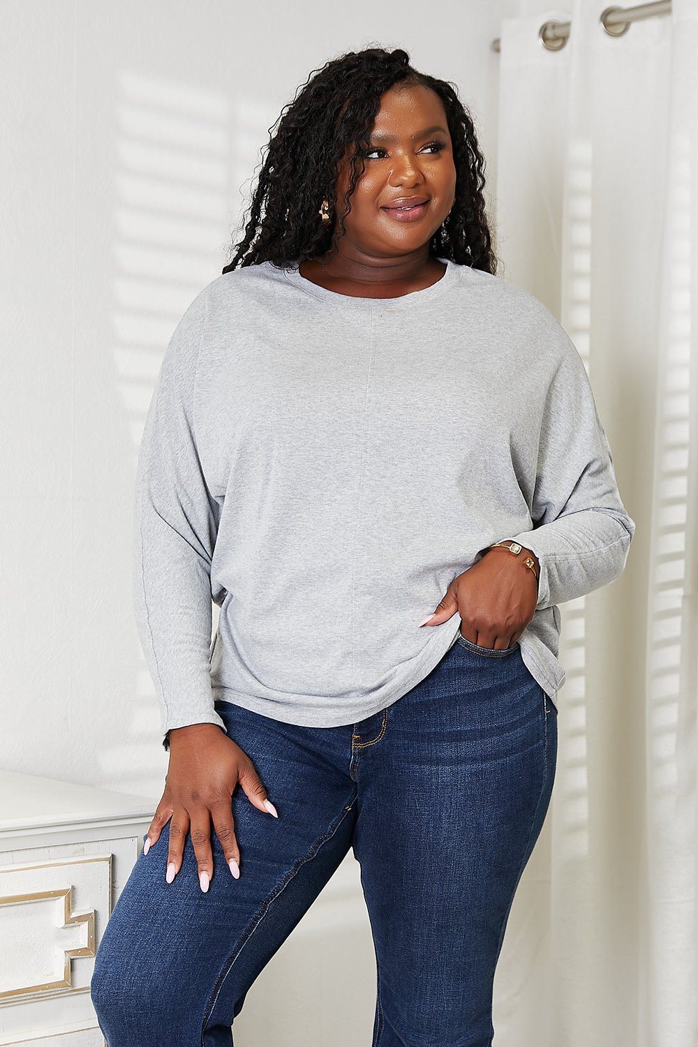 Double Take Seam Detail Round Neck Long Sleeve Top - cas7m