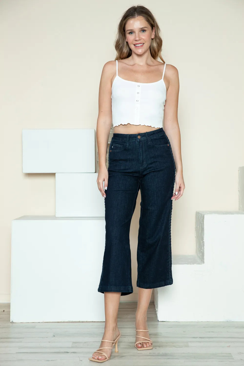 Judy Blue Full Size Side Seam Braid Detail Crop Wide Leg Jeans - cas7m