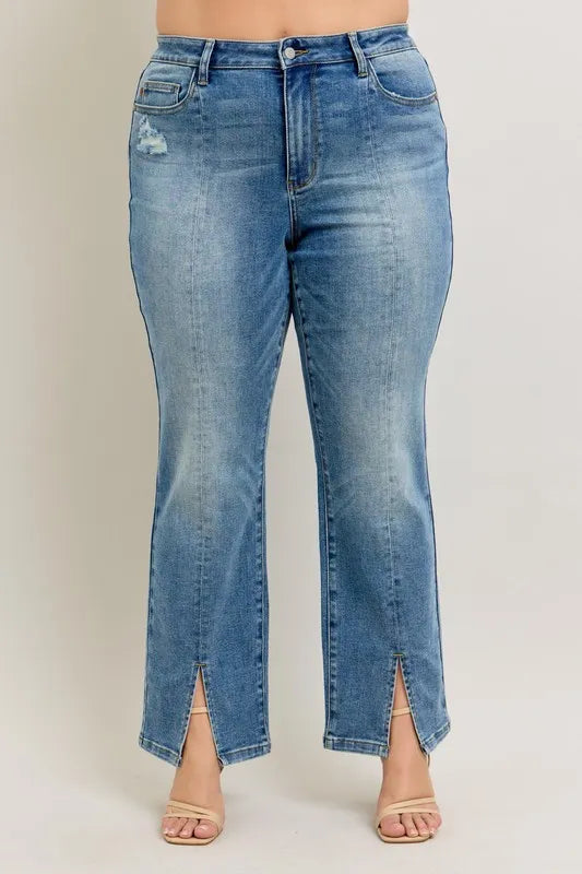 Judy Blue Full Size High Waist Vintage Wash Front Seam & Slit Straight Plus Size - cas7m