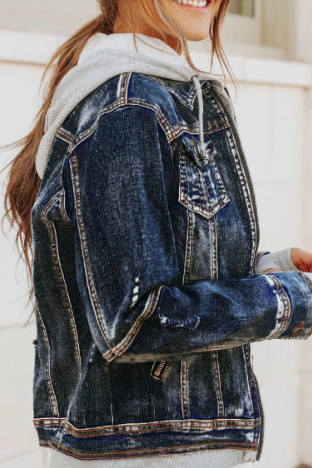Fake Two-Piece Hooded Zip-Up Denim Jacket - cas7m