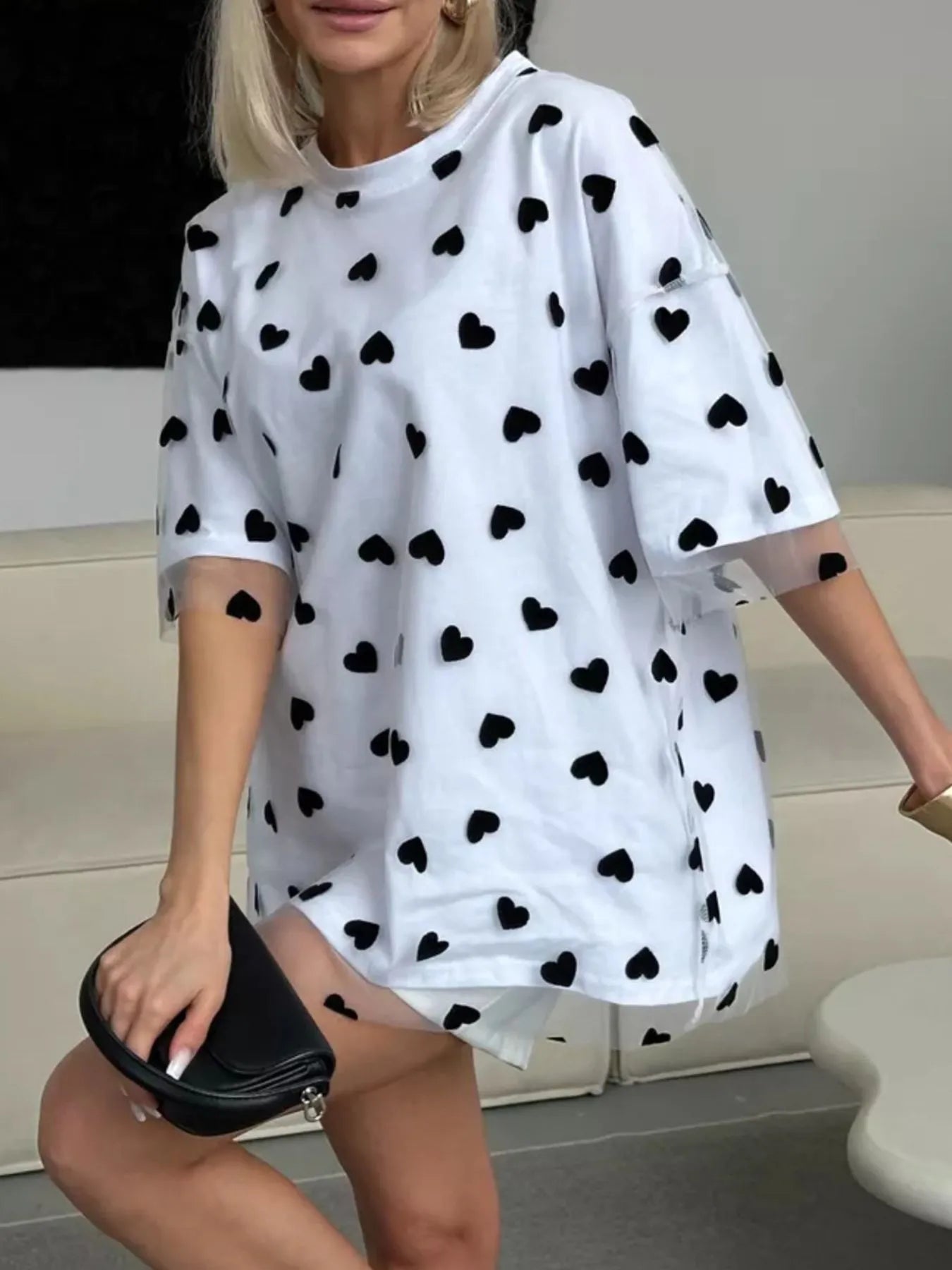 Heart Print Oversized T-Shirt - cas7m