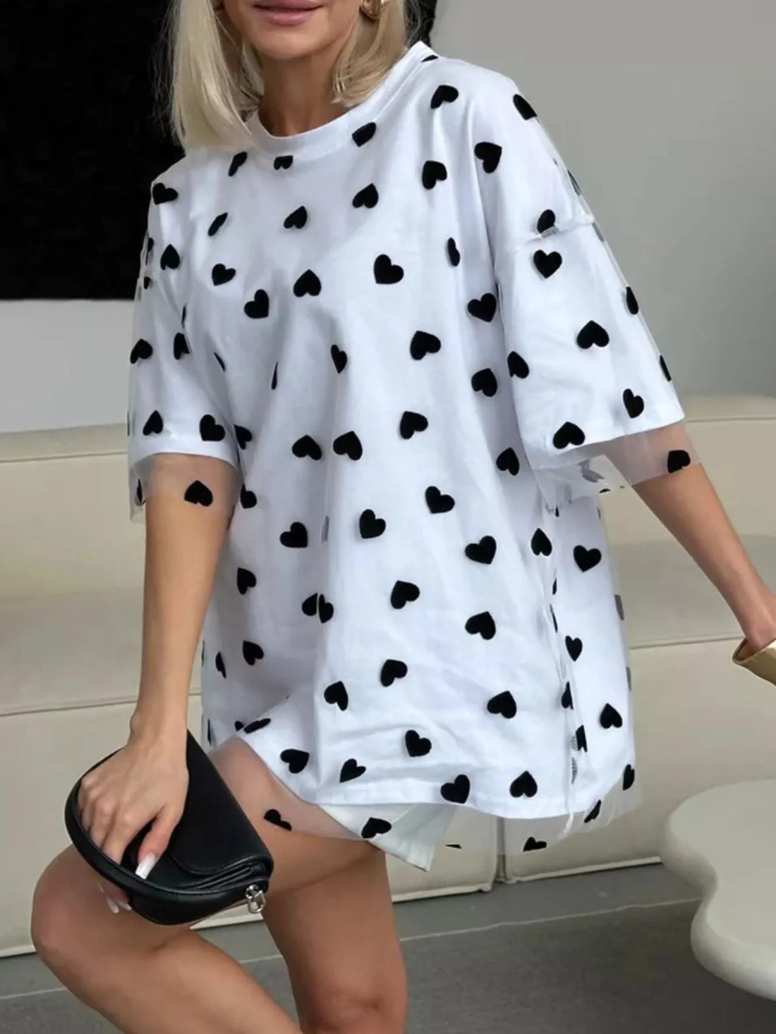 Heart Print Oversized T-Shirt - cas7m