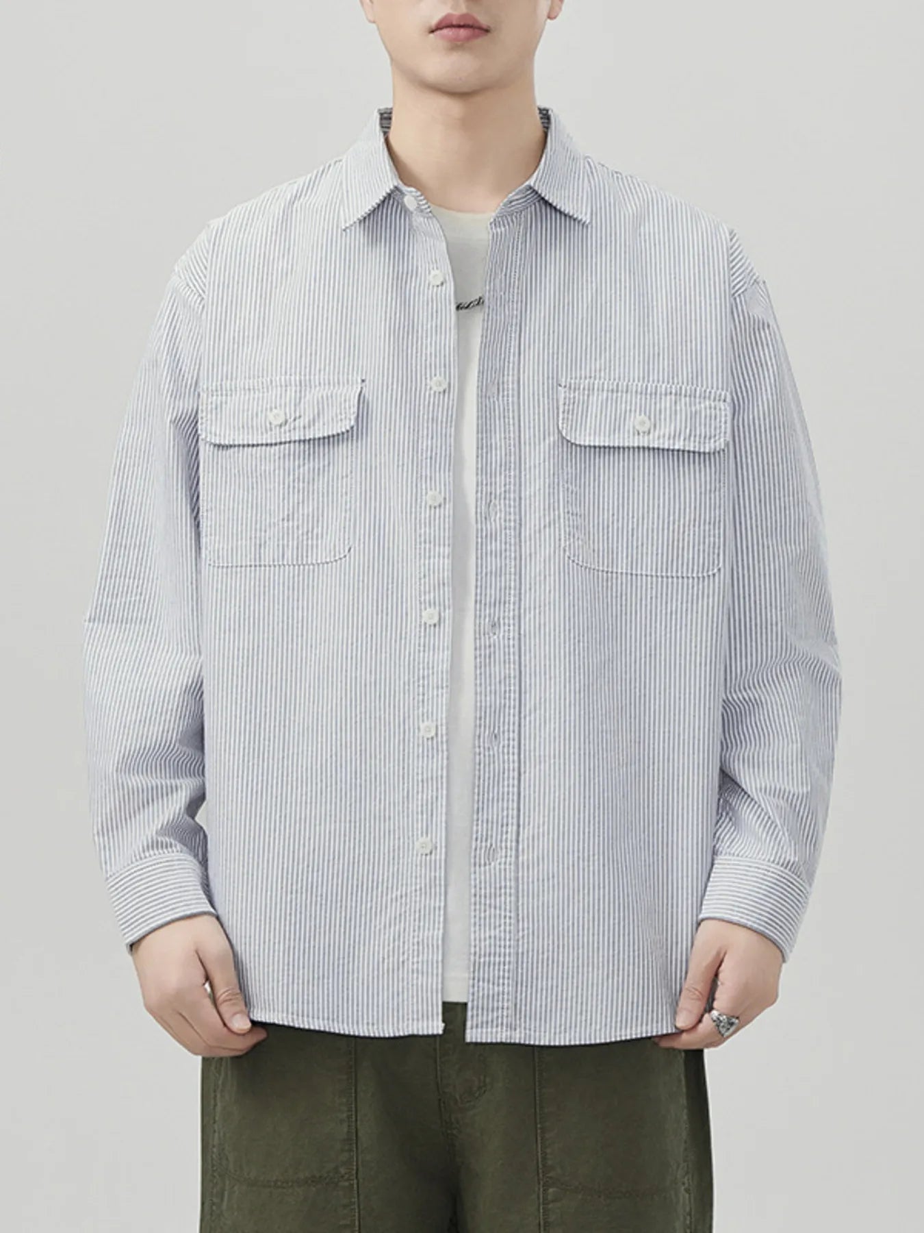 Men's Plus Size Striped Button Up Long Sleeve Shirt - cas7m