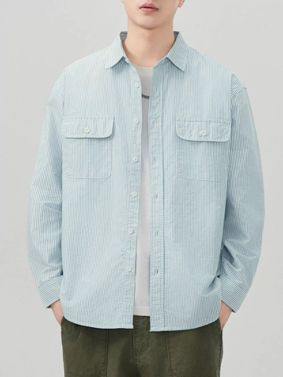 Men's Plus Size Striped Button Up Long Sleeve Shirt - cas7m