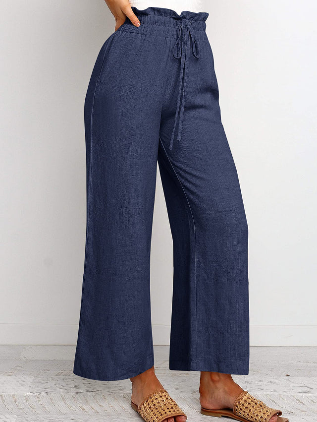 Elastic Waistband Lace-up Wide Leg Pants Solid Color Cropped Pants - cas7m