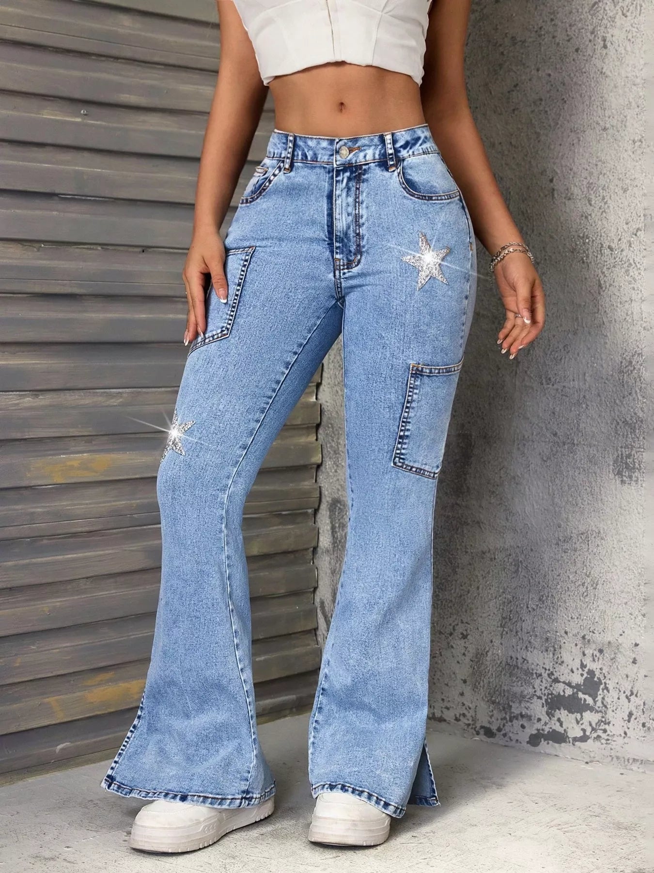 Slit Star Flare Leg Jeans - cas7m