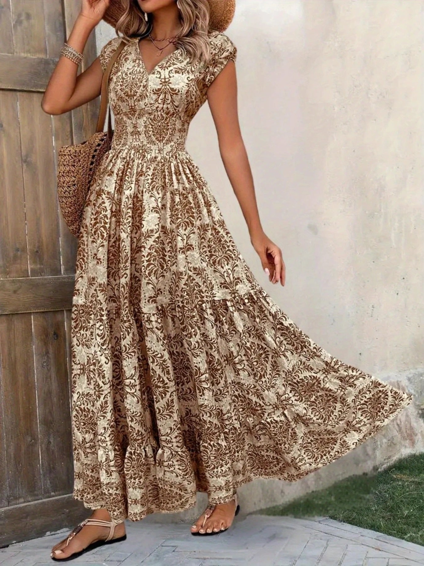 Smocked Tiered Maxi Dress - Chic Polyester Statement - cas7m