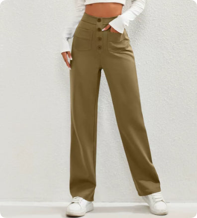 High Waist Trousers With Pockets Casual Loose Wide Leg Button Straight Pants Women's Clothing - cas7m