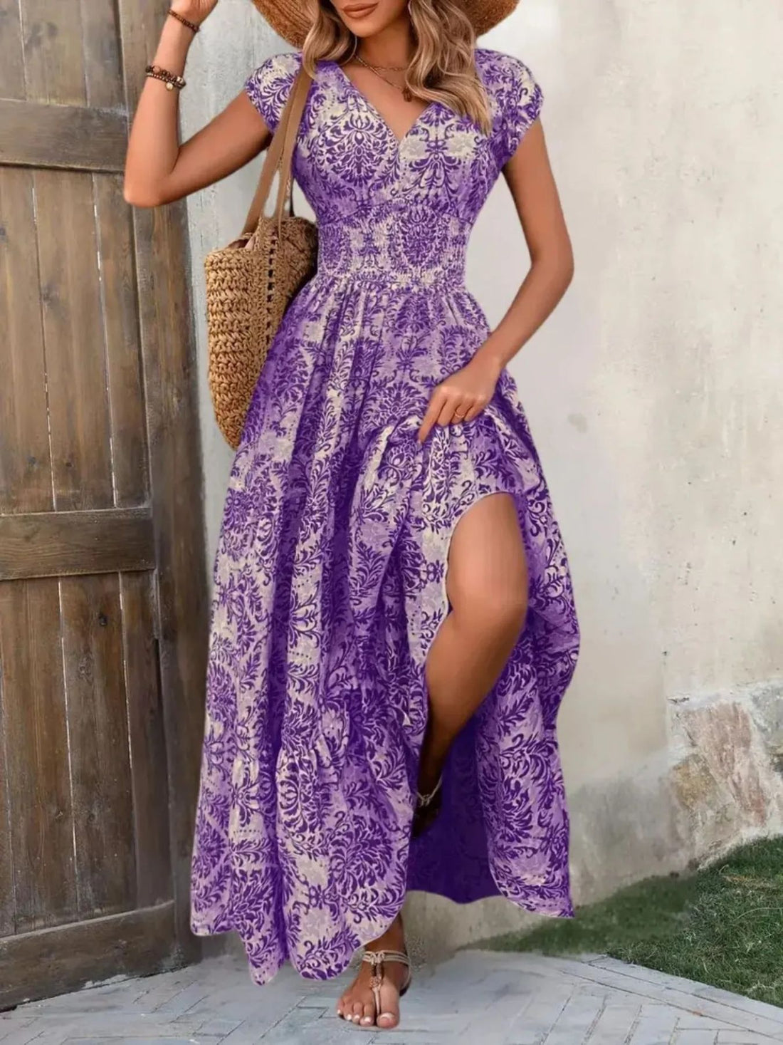 Smocked Tiered Maxi Dress - Chic Polyester Statement - cas7m