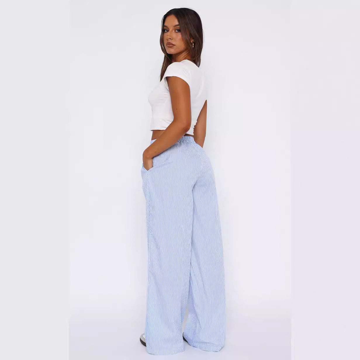Fashion Y2K Striped Straight Trousers Summer Elastic High Waist Wide Leg Pants For Women - cas7m