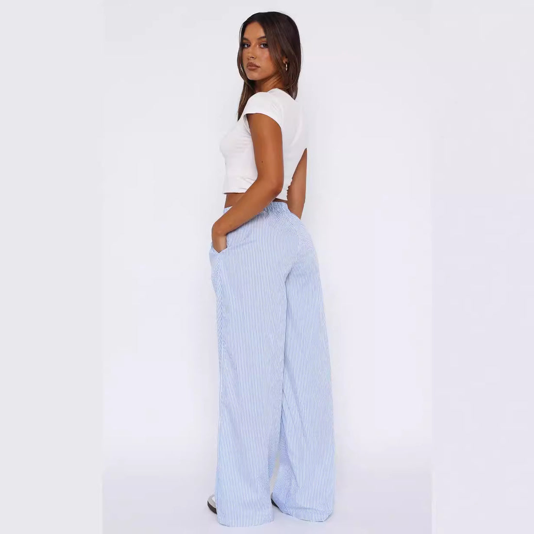 Fashion Y2K Striped Straight Trousers Summer Elastic High Waist Wide Leg Pants For Women - cas7m