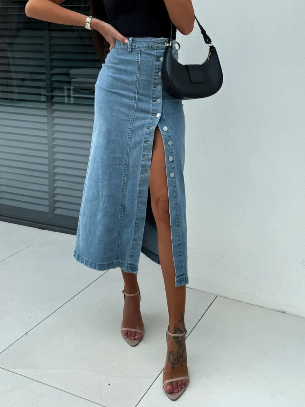 Front Button Slit Midi Denim Skirt - cas7m