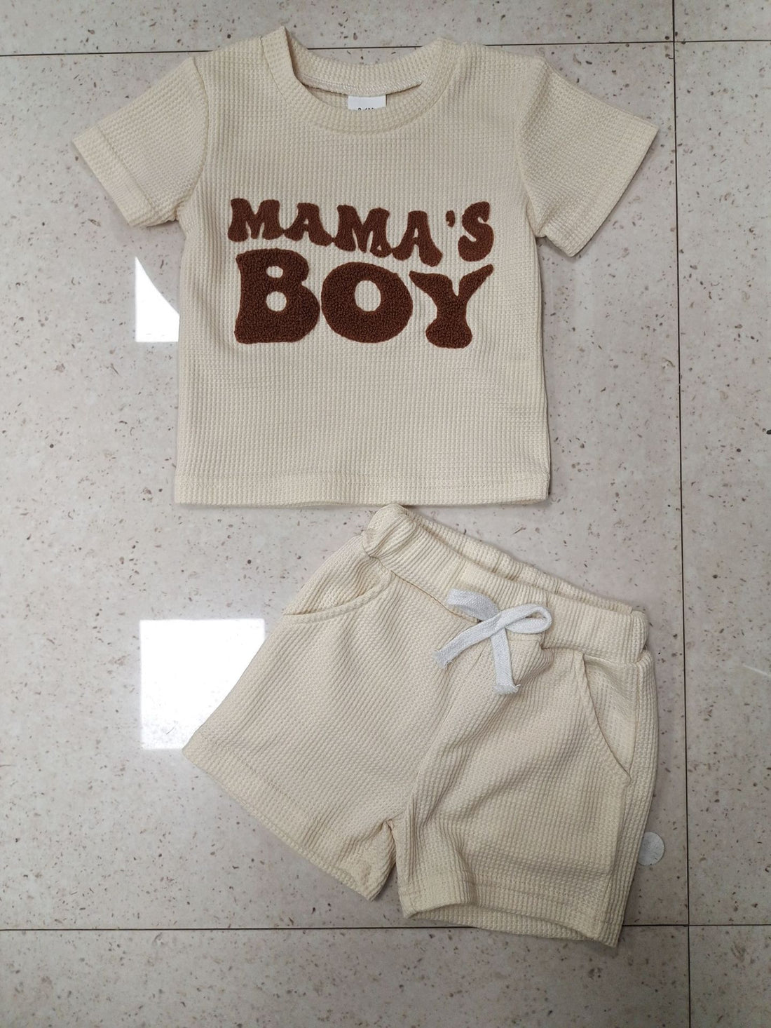 Waffle Towel Embroidery Short Sleeve Shorts Suit - cas7m
