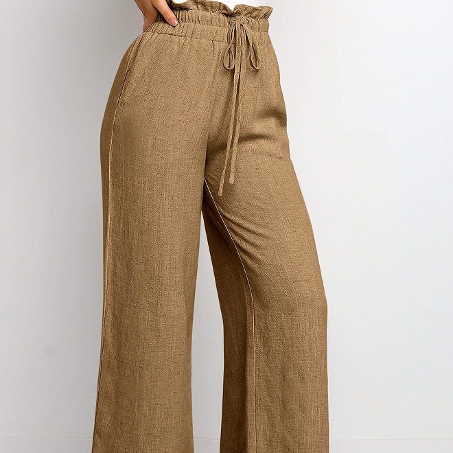 Elastic Waistband Lace-up Wide Leg Pants Solid Color Cropped Pants - cas7m