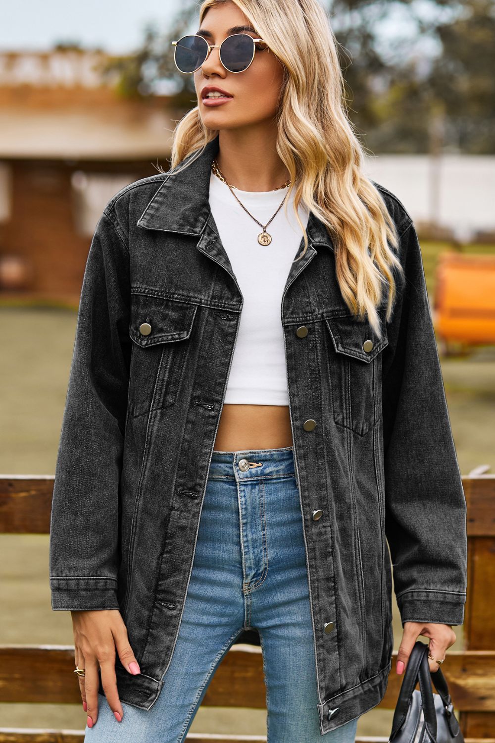 Buttoned Collared Neck Denim Jacket with Pockets - cas7m
