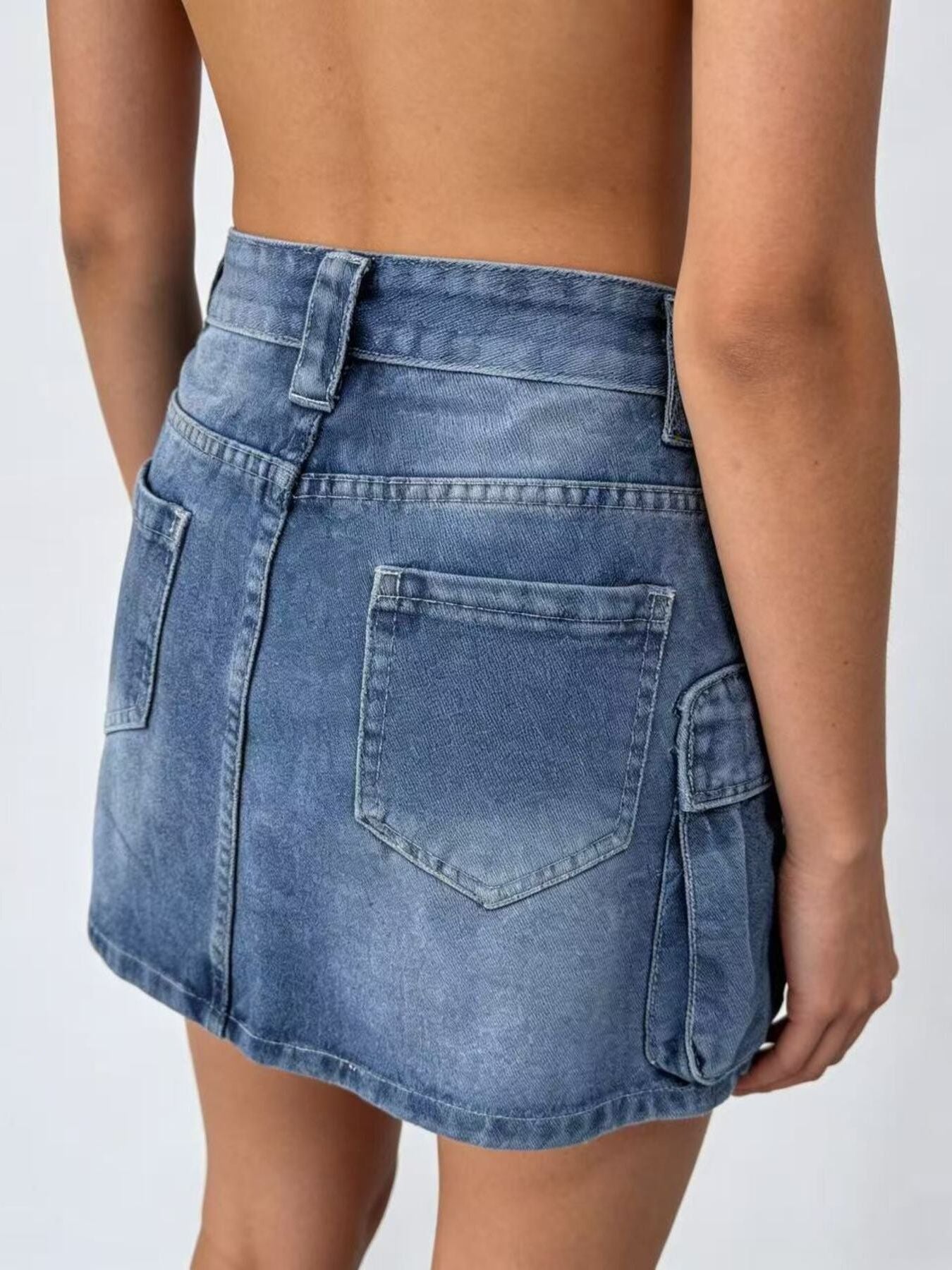 Washed Cargo Denim Skirt - cas7m