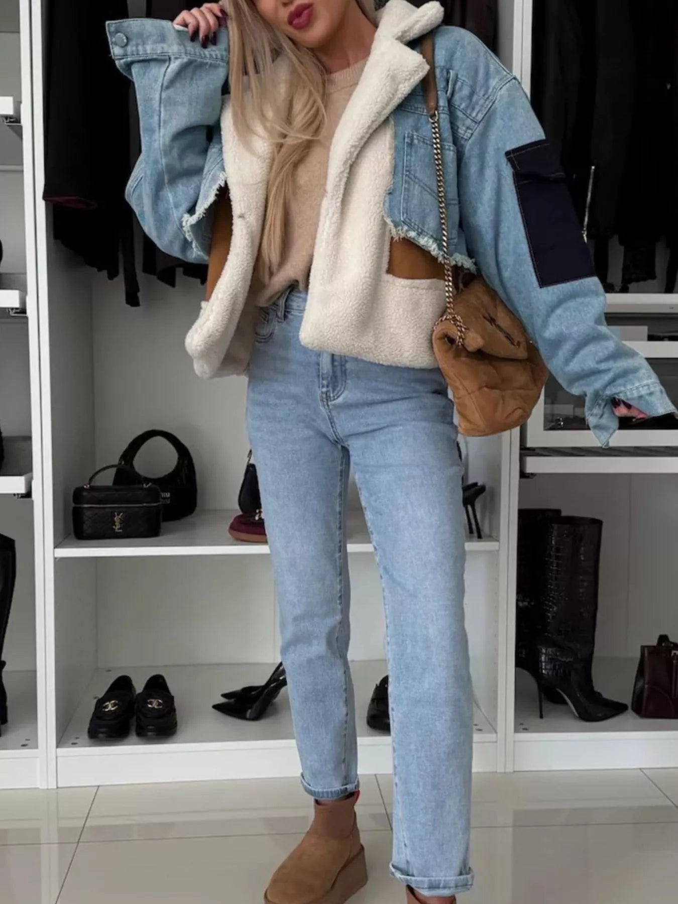 Raw Hem Sherpa Lined Denim Jacket - cas7m
