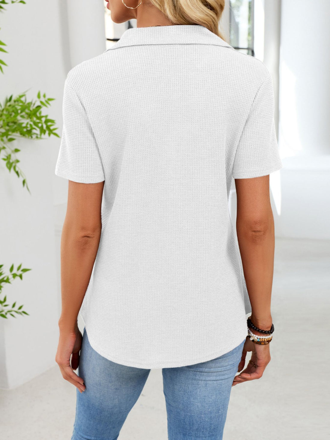 Waffle Knit Button Detail T-Shirt - cas7m