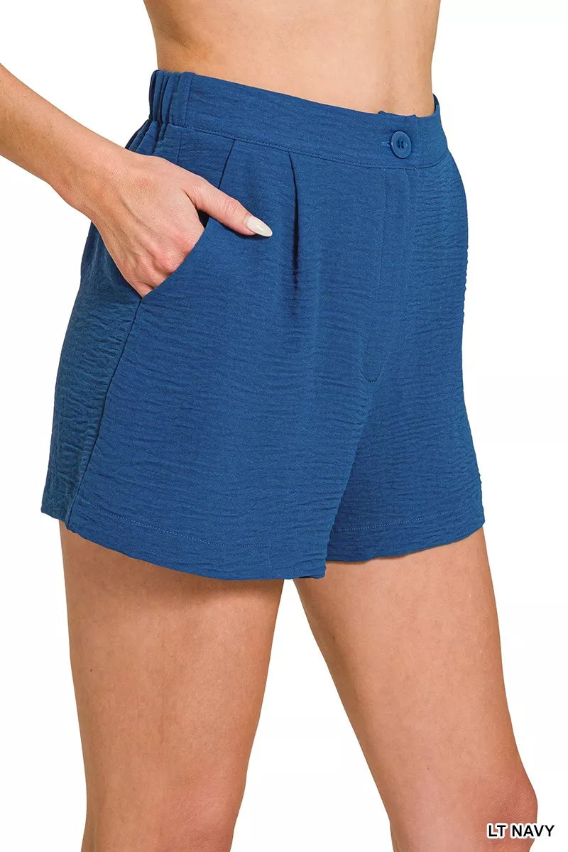 Zenana Woven Airflow Back Elastic Waist Shorts - cas7m