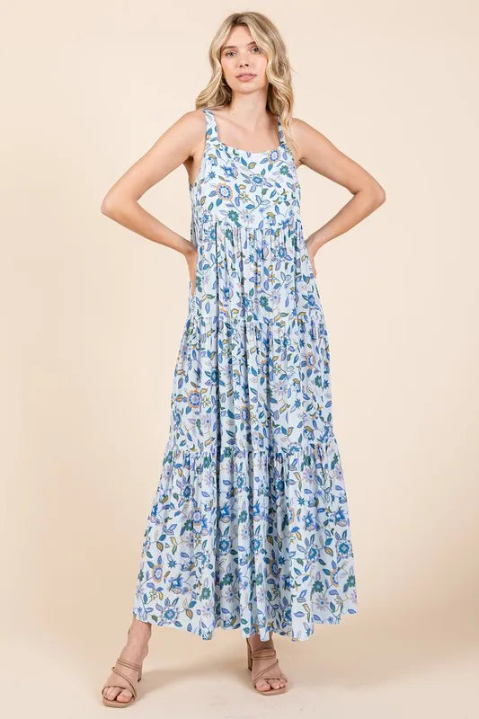 Mittoshop Flower Print Tiered Sleeveless Empire Maxi Dress - cas7m