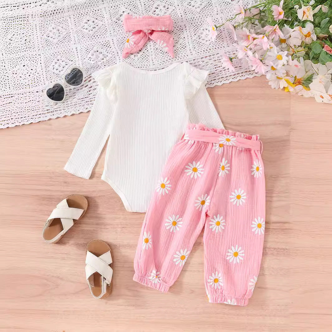 Ruffled Long-sleeve Bodysuit Paired With Matching Pants And A Bow Hair Accessory - cas7m