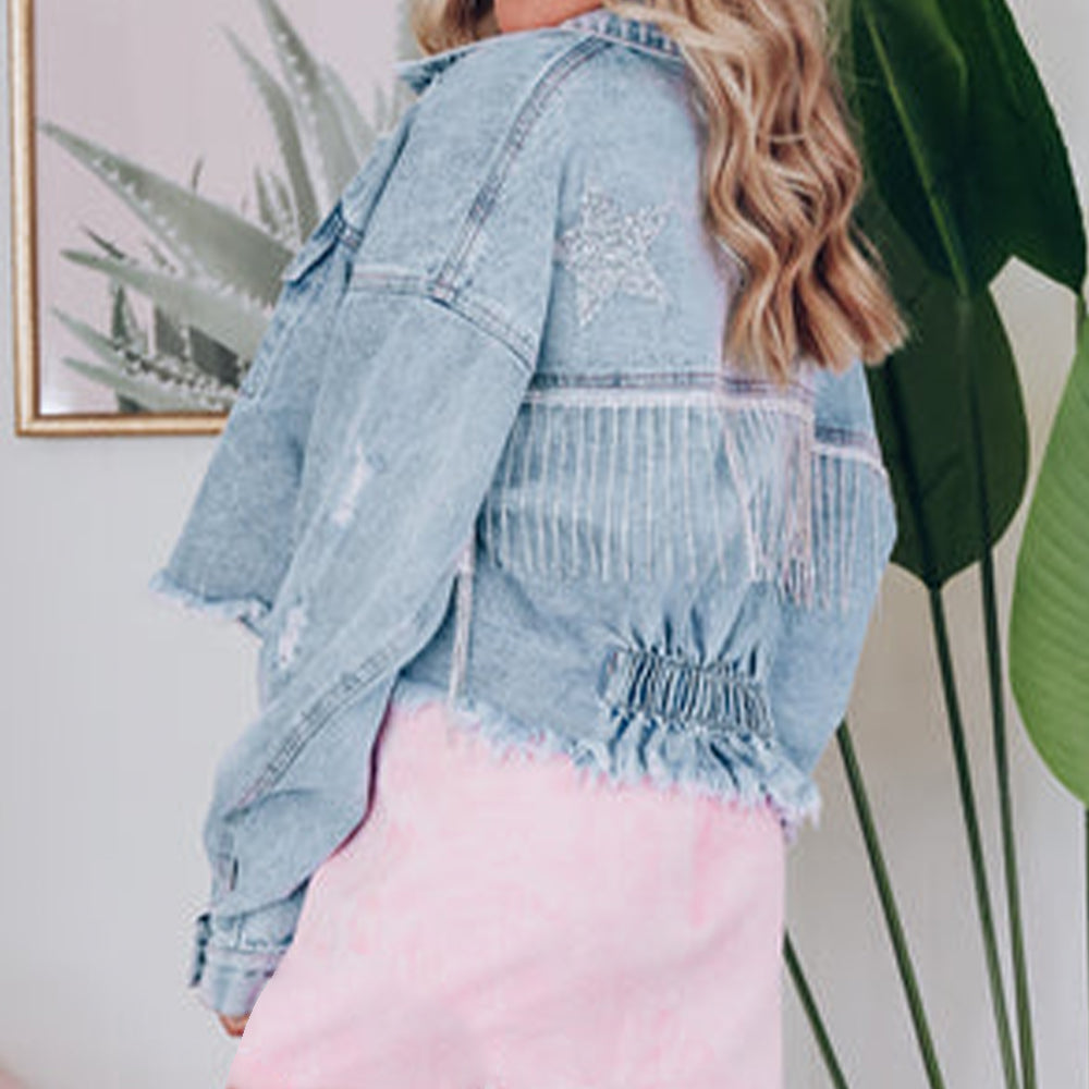 Distressed Raw Hem Denim Jacket - cas7m