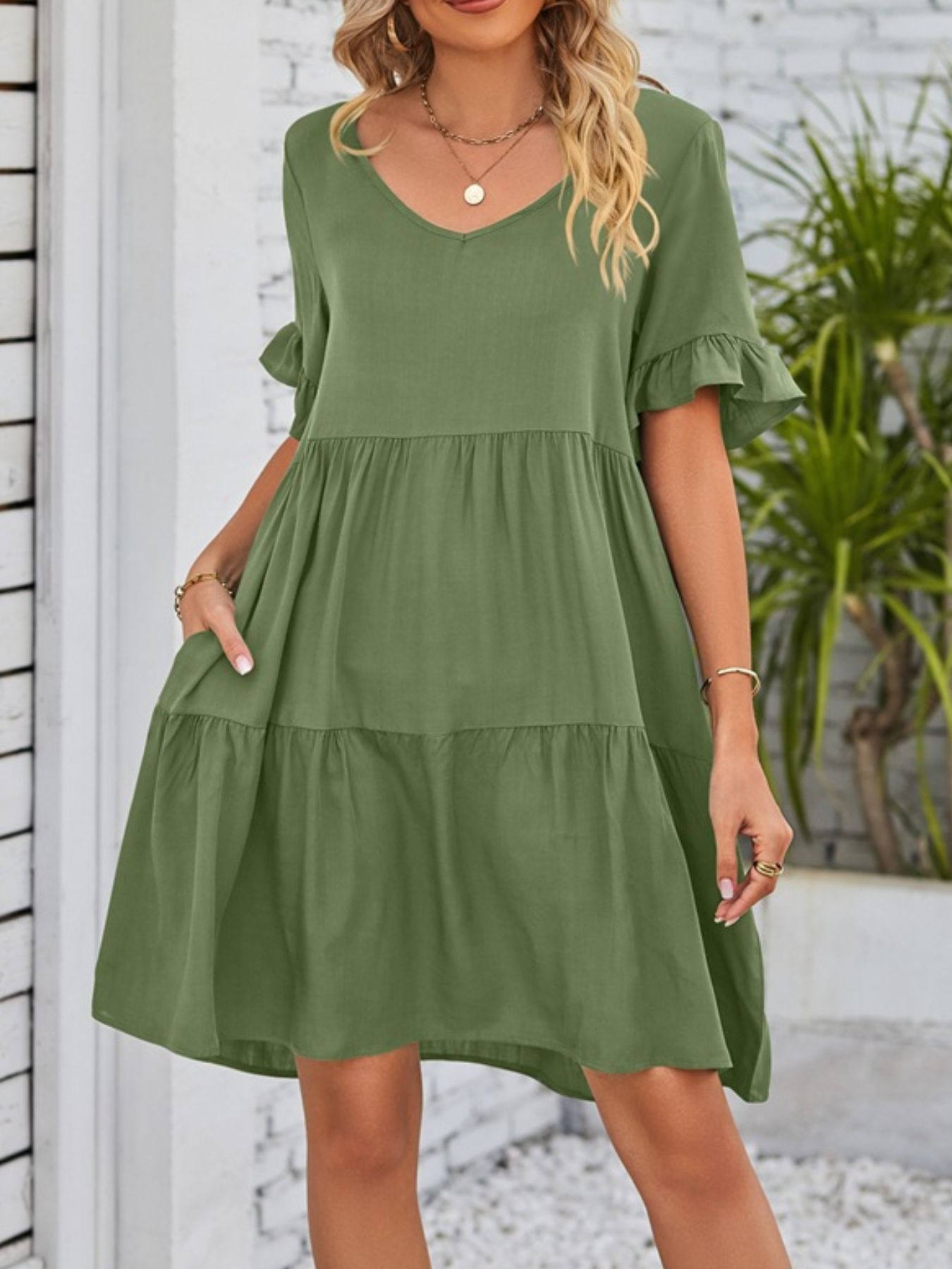 Ruffled Sleeve Tiered Mini Dress - cas7m