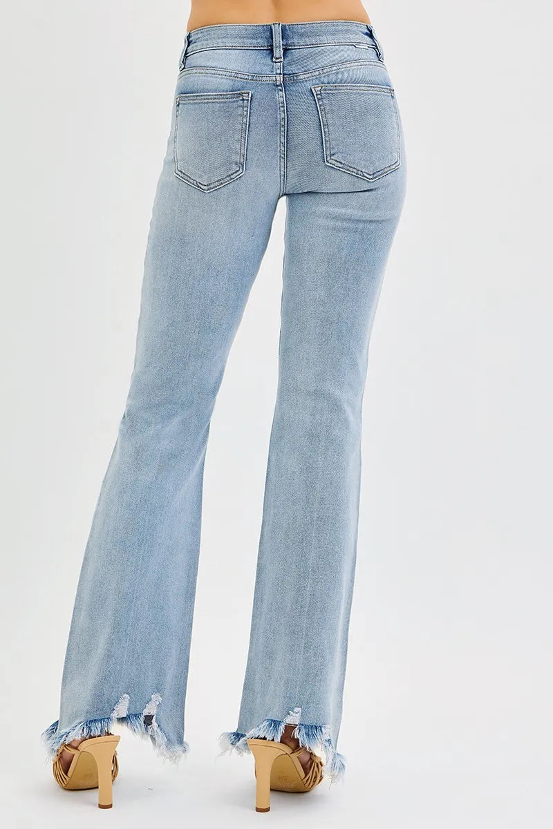 RISEN Full Size Tummy Control Mid Rise Flare Jeans with Fray Hem Detailed Plus Size - cas7m