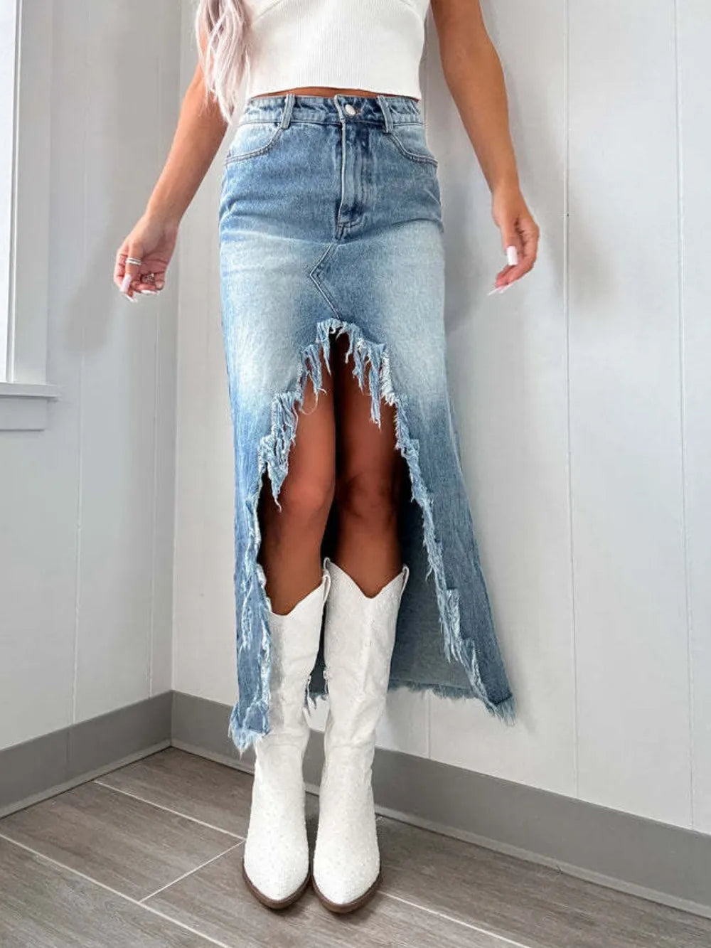 High-Waist Raw Hem Asymmetry Denim Skirt - cas7m