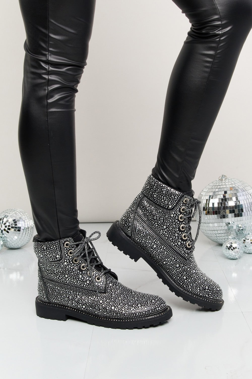 Forever Link Rhinestone Lace-Up Combat Boots - cas7m
