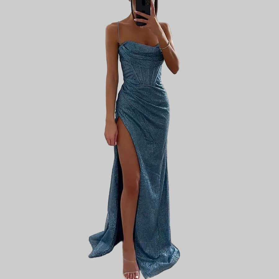Sexy Split Suspender Dress Fashion Evening Party Slim V-neck Long Dresses Summer Clothing For Women - cas7m