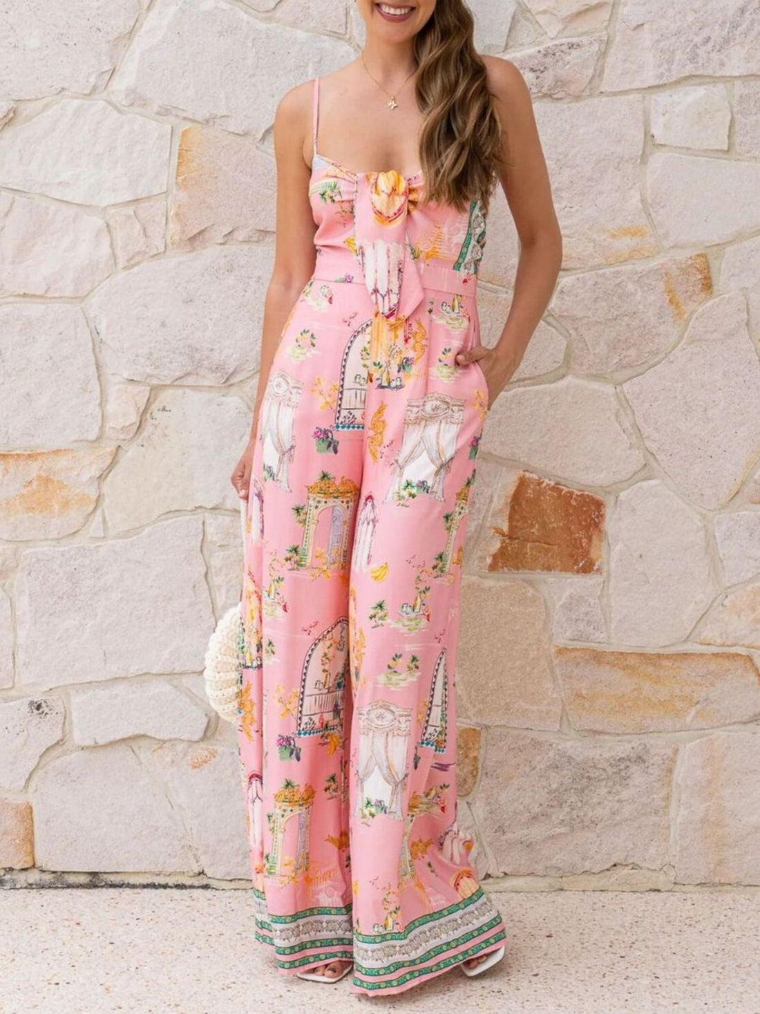 Printed Tie-Front Wide Leg Jumpsuit - cas7m