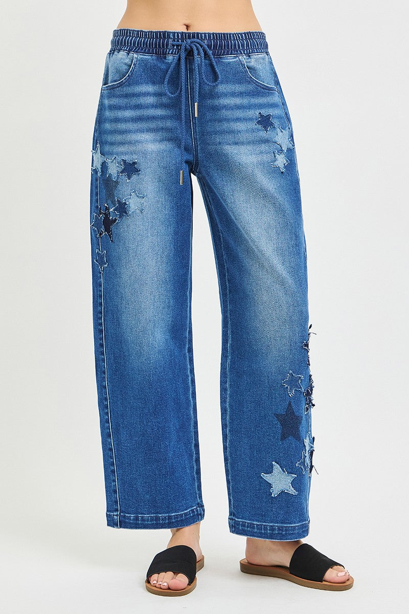 RISEN Elastic Band Slouchy Cropped Barrel with Star Patch - cas7m