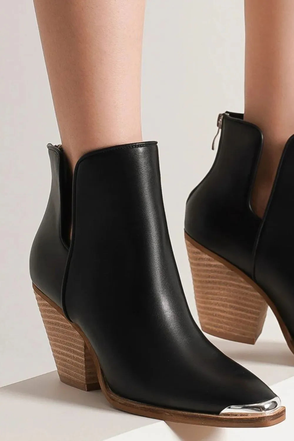 Beast Fashion Pointed Metal-Tip Toe Block Heel Ankle Boots - cas7m