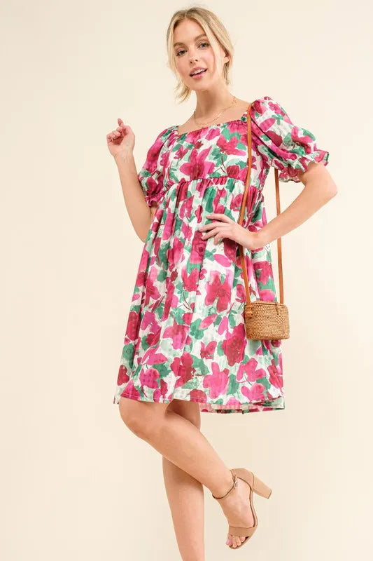 And The Why Smocked Floral Ruffle Short Sleeve Mini Dress - cas7m
