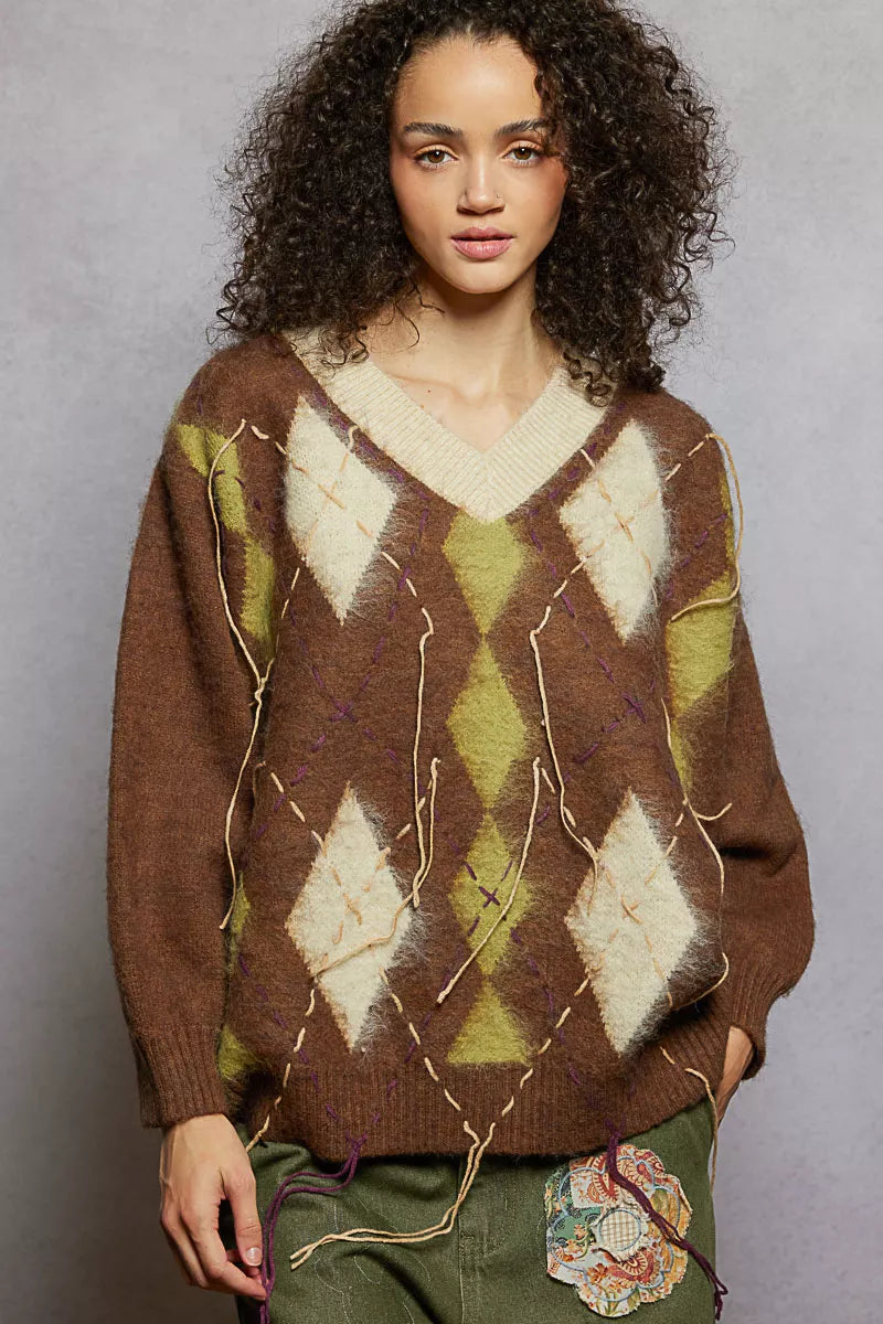 POL V-Neck Argyle Pattern Mohair Sweater with Contrast Exposed Stitch Detail - cas7m