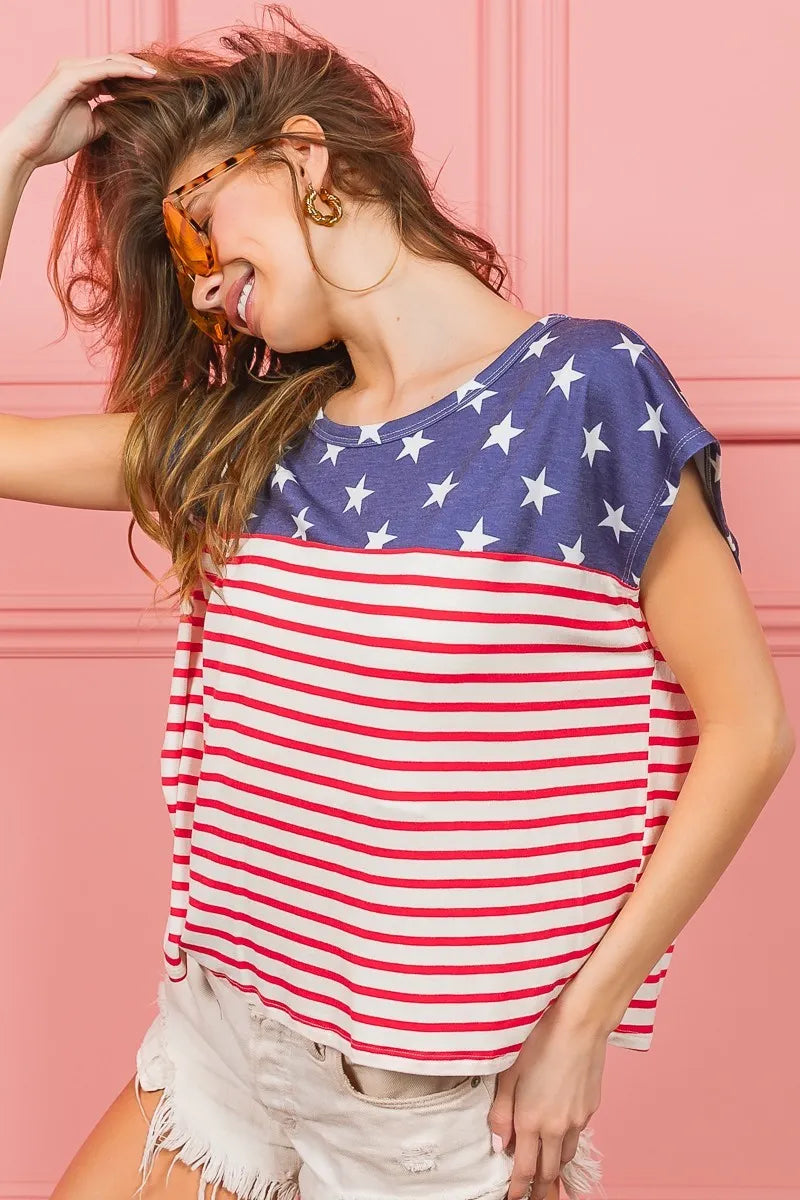 BiBi Star Rpinted with Stripe Combo Top - cas7m