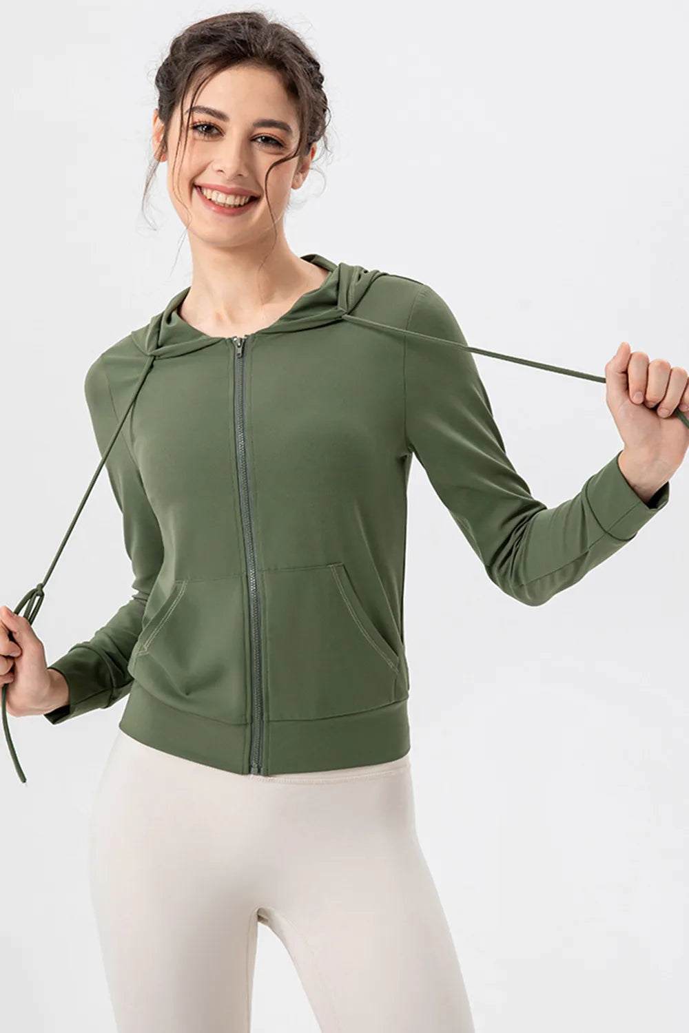 Drawstring Zip Up Hooded Active Outerwear - cas7m