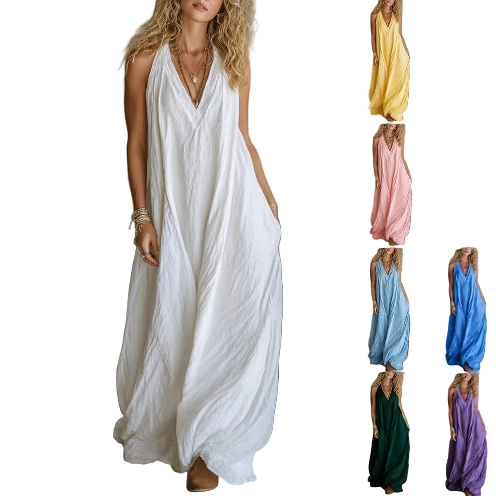 Casual Sleeveless V-Neck Loose Fit Long Dress with Pockets Summer Flowy Daily Wear - Dark Green / 2XL - cas7m