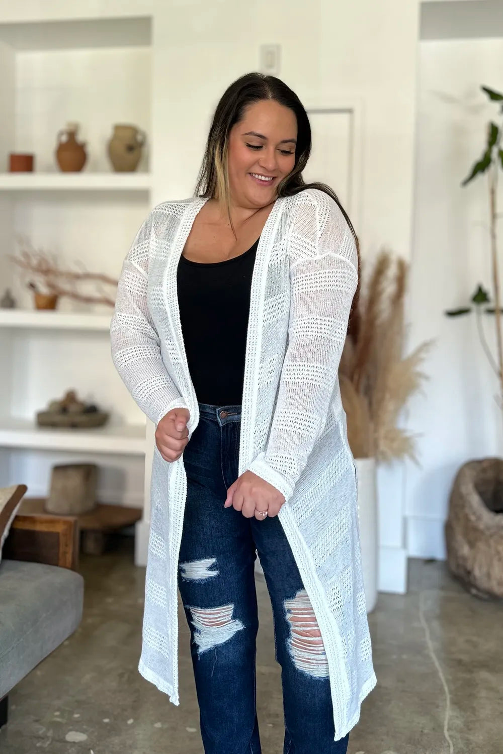 Double Take Full Size Open Front Longline Cardigan - cas7m