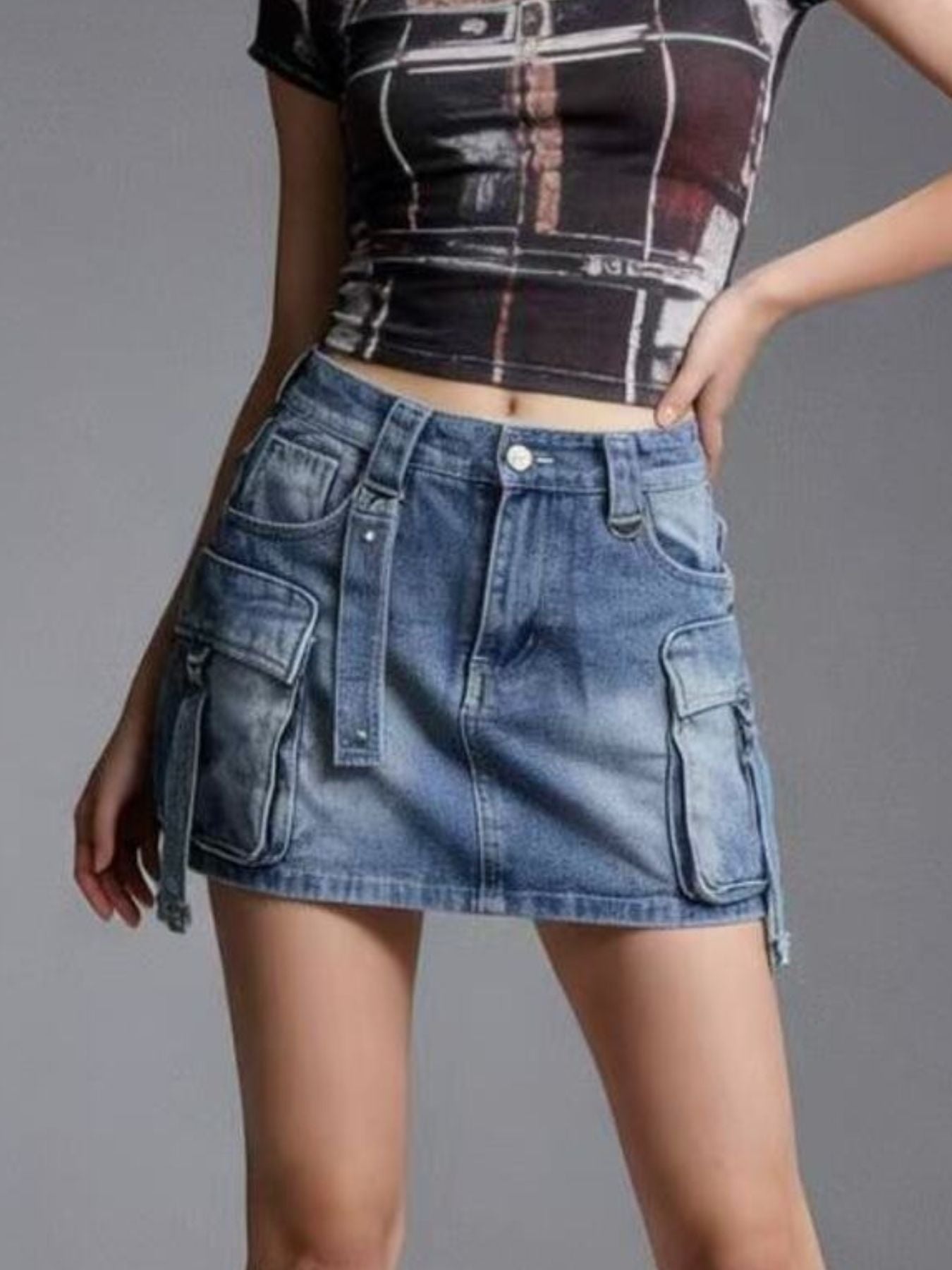 Washed Cargo Denim Skirt - cas7m