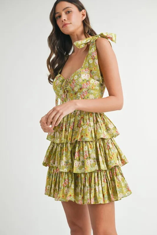 MABLE Floral Print Shoulder Tie Layered Mini Dress - cas7m