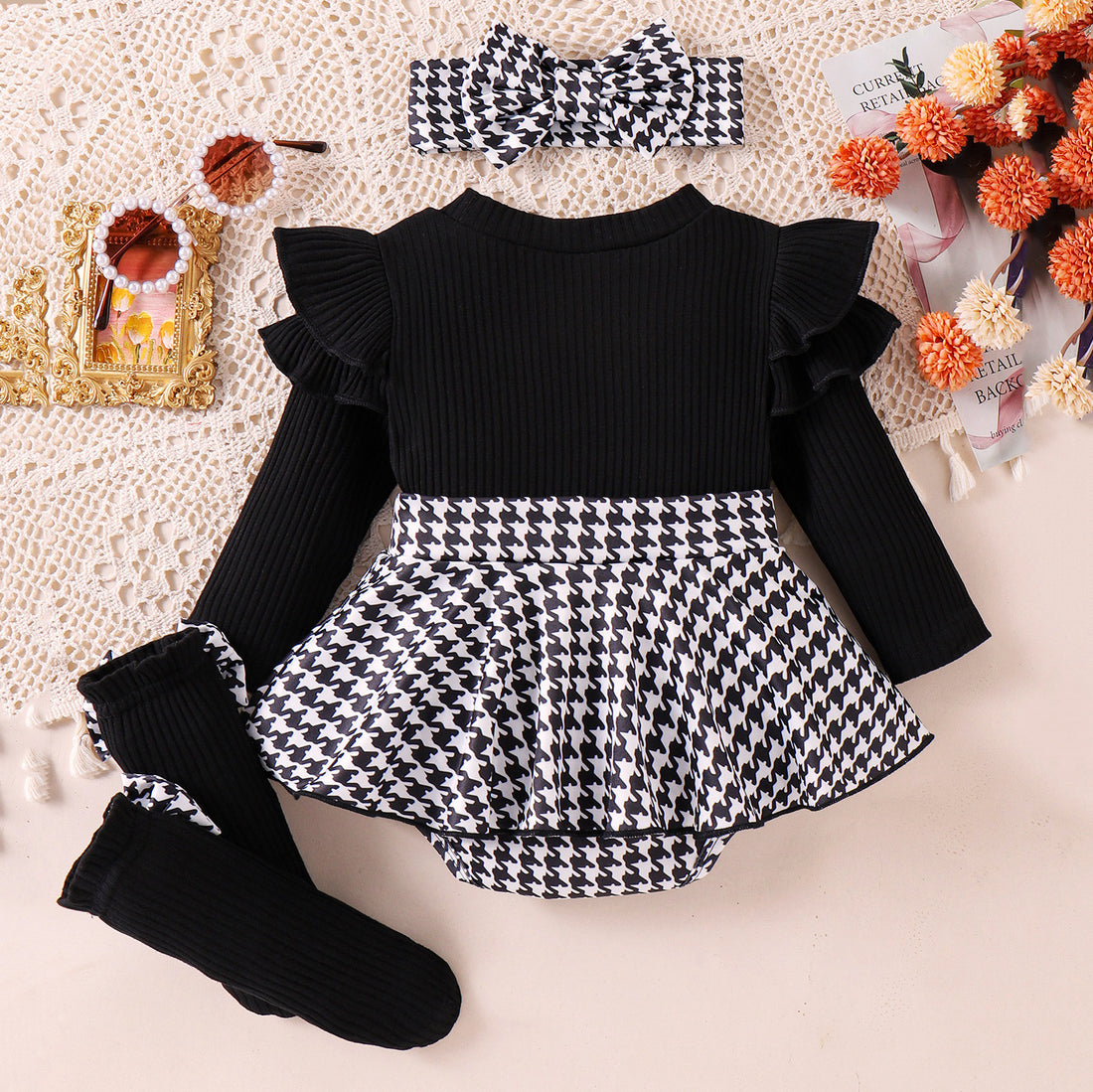 Sunken Stripe Long Sleeve Stitching Houndstooth Skirt One-piece Romper - cas7m