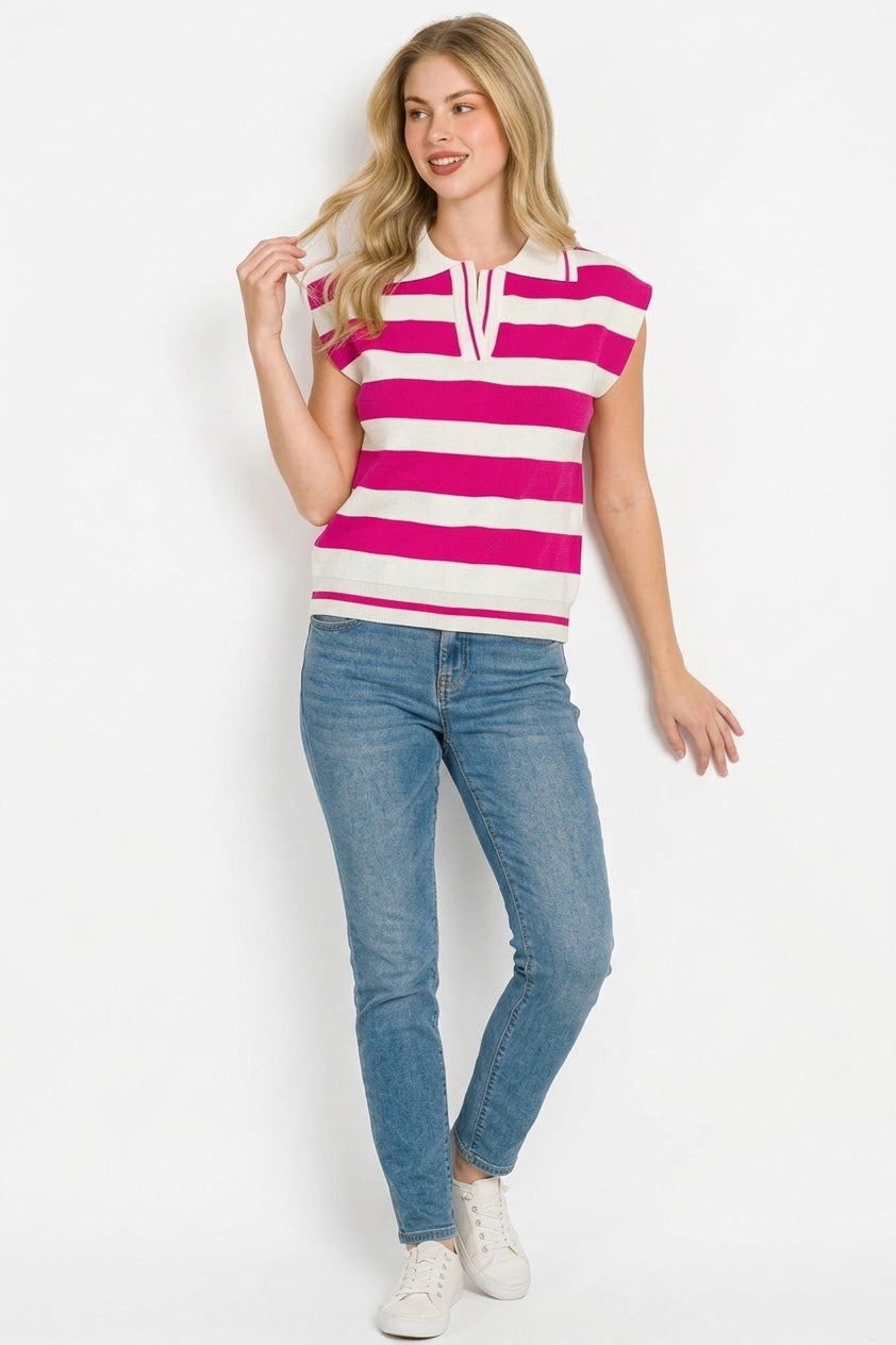 Zenana Viscose Striped Collared Sweater Vest - cas7m