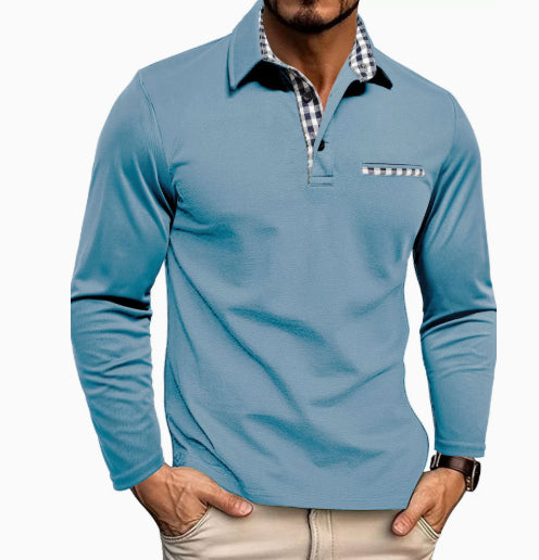 Casual Plaid Splicing Lapel Polo Shirt Fashion Solid Color Long Sleeve Top Men's Clothing - cas7m